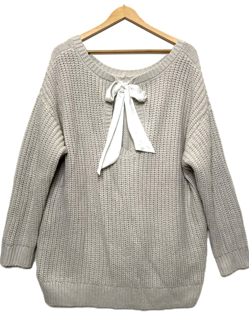 Torrid Cable Knit Ribbon Tie Back Sweater Size 3X 22/24 Taupe Slouchy Scoop Neck - Picture 6 of 10